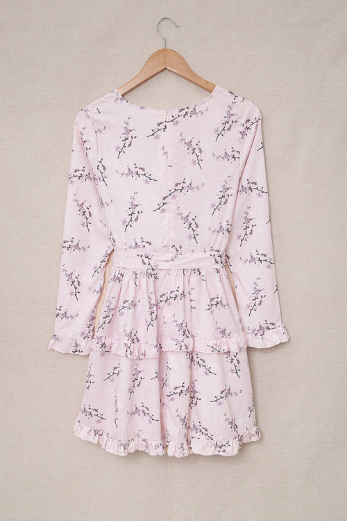Pink, Floral Print, Wrap, Romantic & Sweet Mini Dress