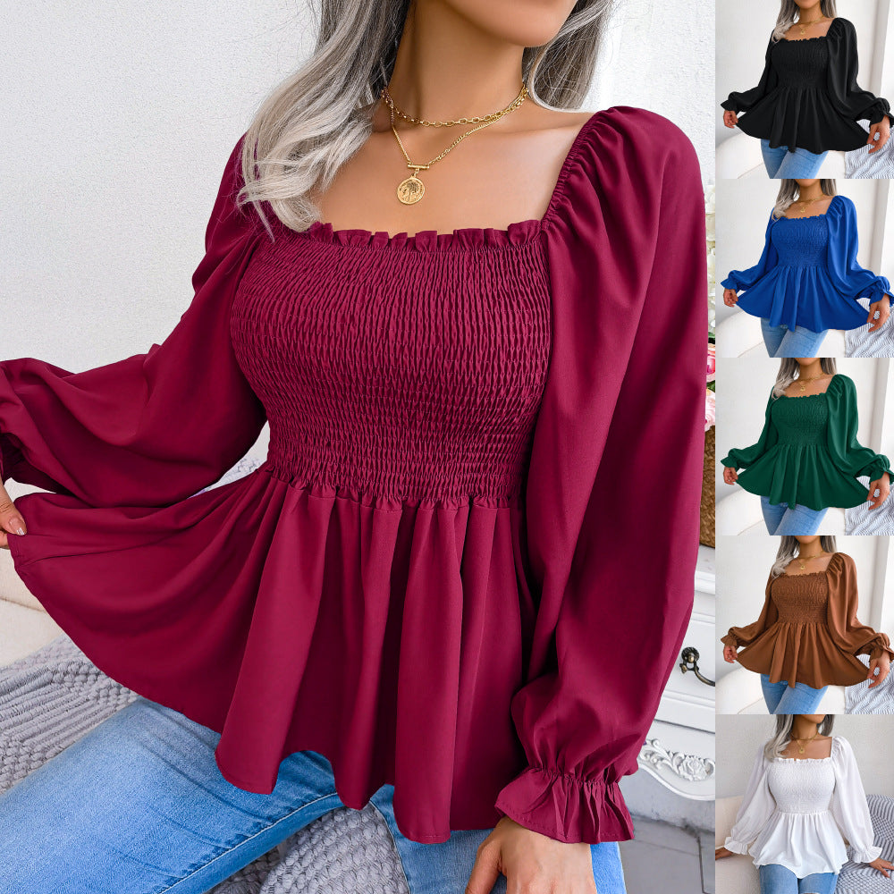 Women's Casual Ruffle-trimmed Square-neck Long-sleeve Top