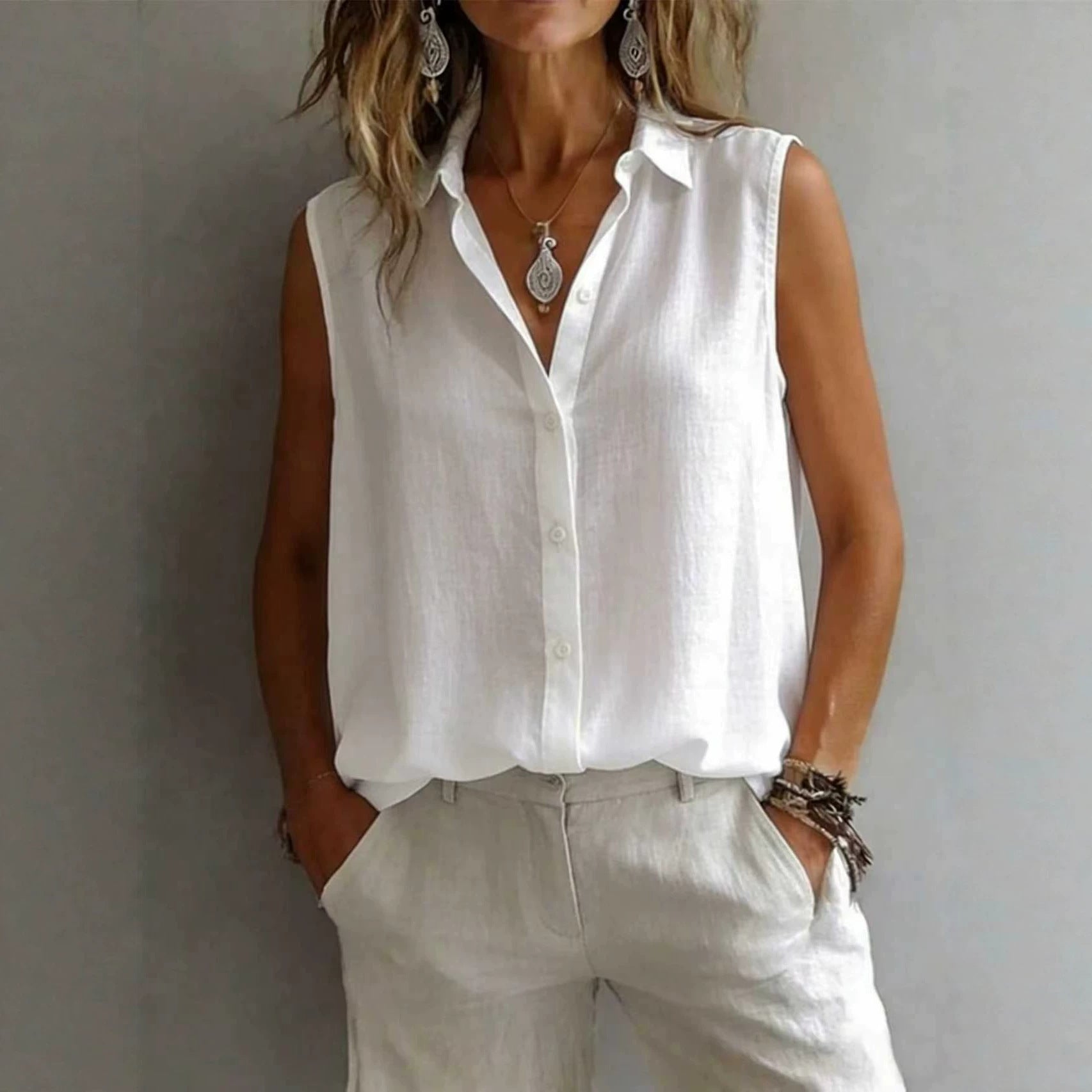Women's Solid Color Casual Lapel Sleeveless Shirt