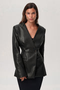 Fashionable Elegant Green V-neck Faux Leather Jacket