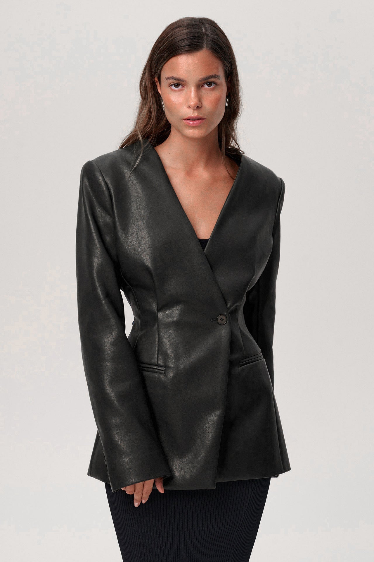 Fashionable Elegant Green V-neck Faux Leather Jacket