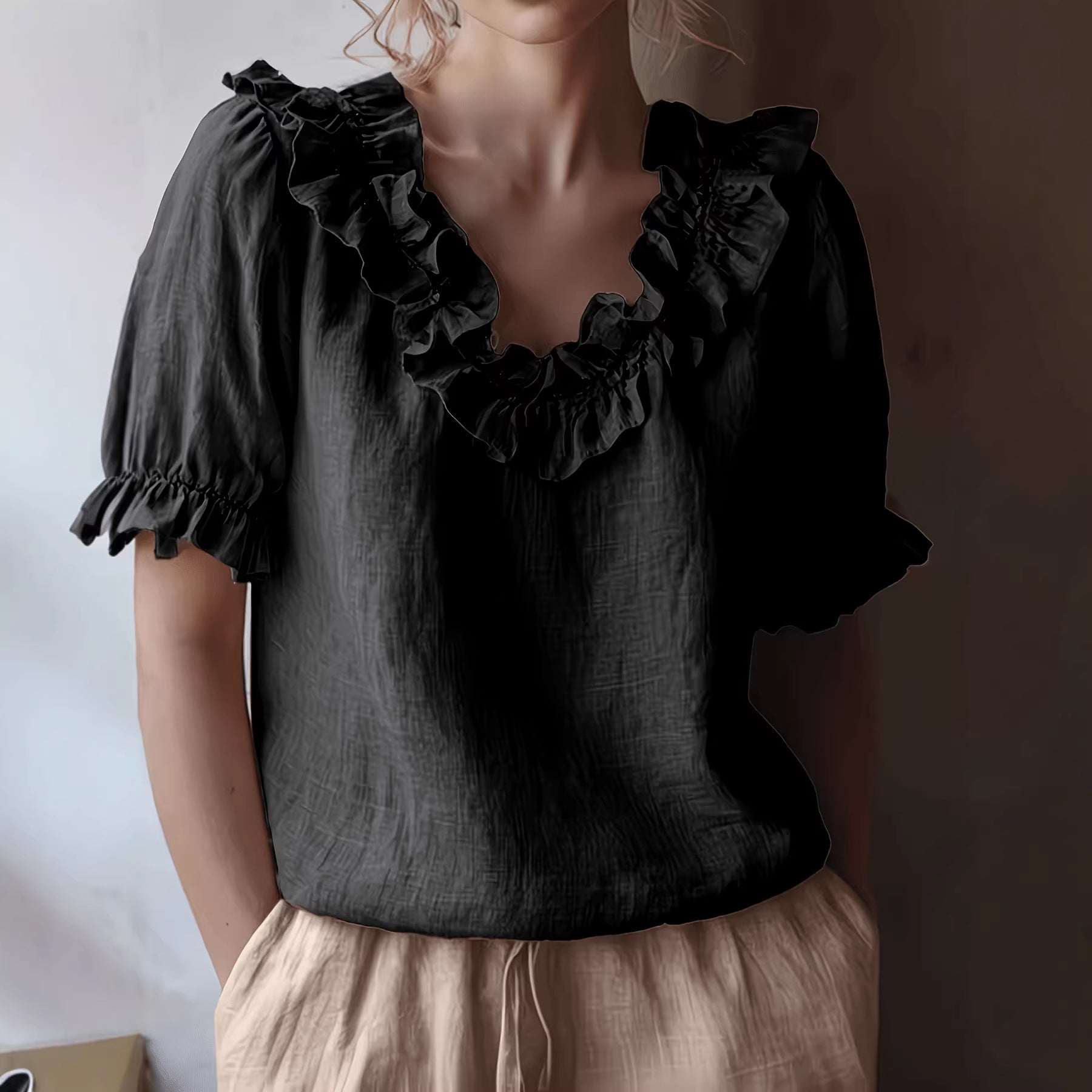 Women's Solid-Colour Fashionable Casual Ruffle-Trimmed Crew-Neck Blouse