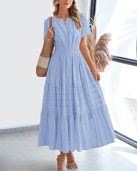 V neck Puff Sleeve Maxi Dress For Women