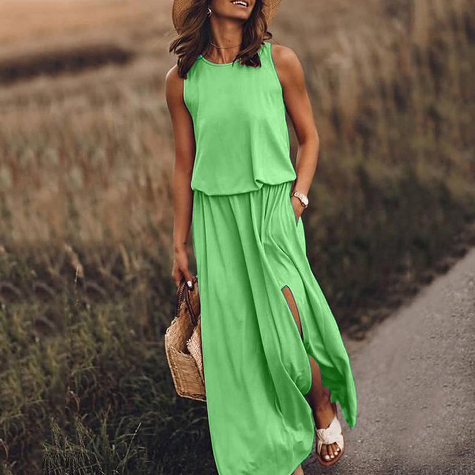 Round Neck Sleeveless Split Solid Color Dress
