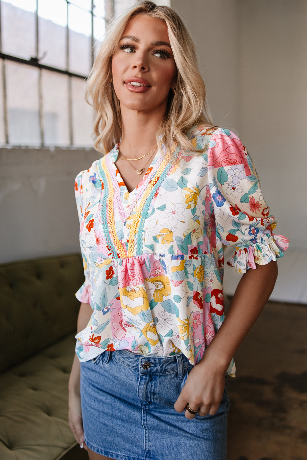 Boho Flower Half Puff Sleeve Blouse