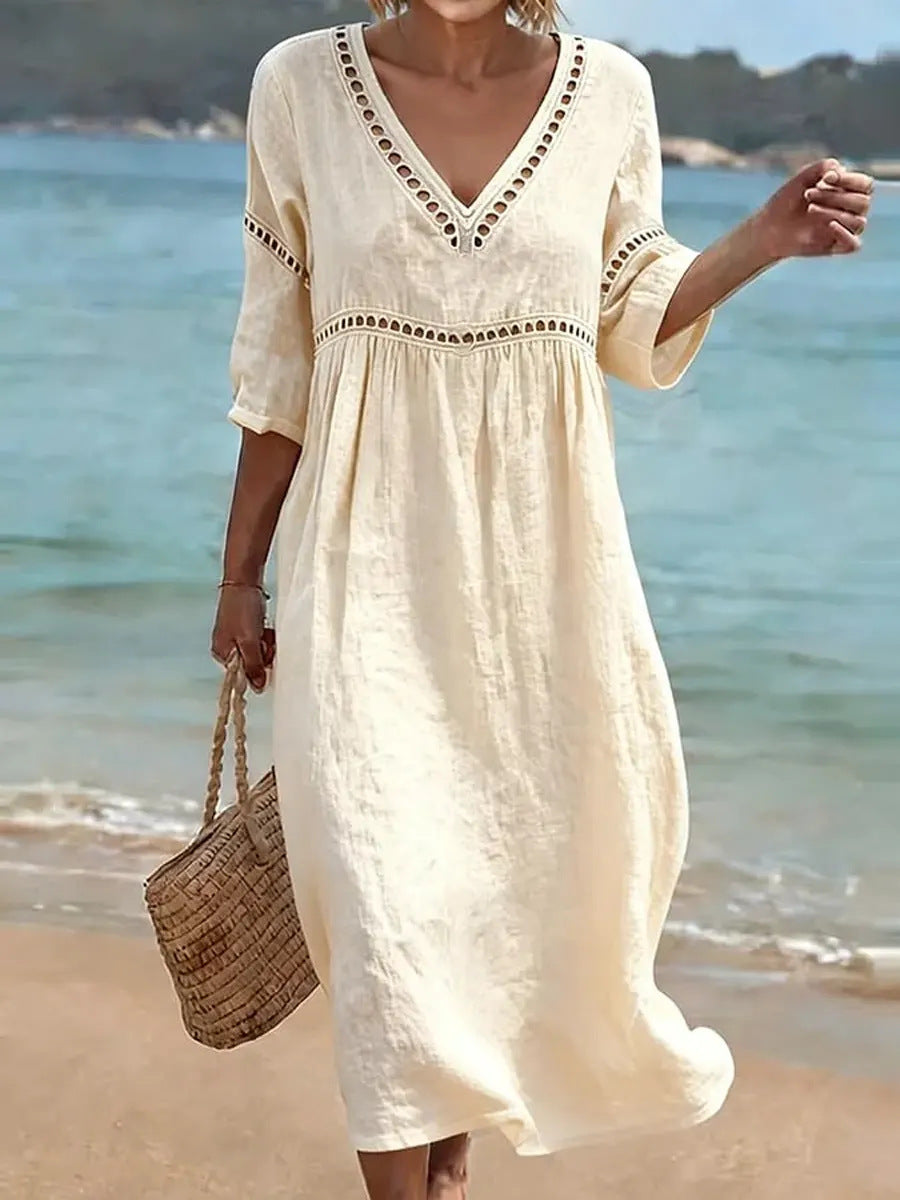 Elegant Casual V-Neck Solid Color Mid-Sleeve Womens Dress