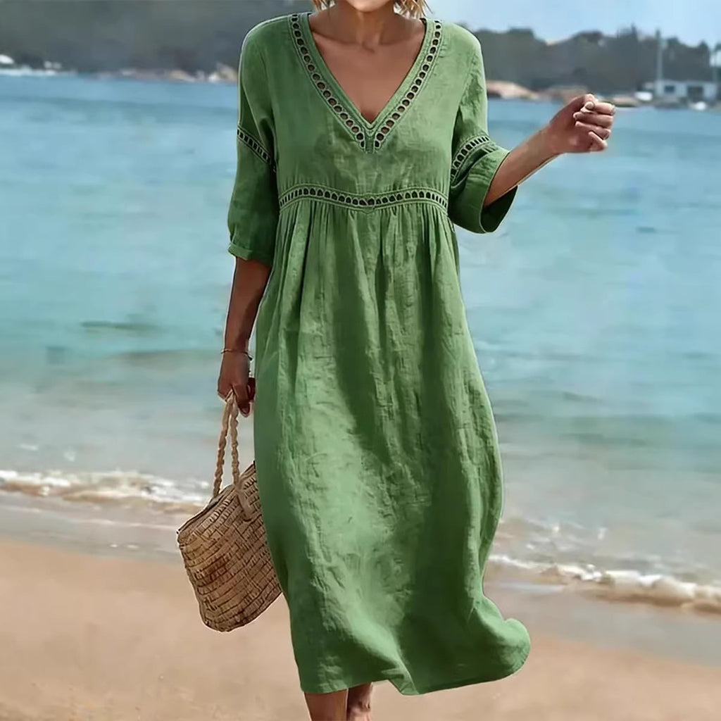 Elegant Casual V-Neck Solid Color Mid-Sleeve Womens Dress