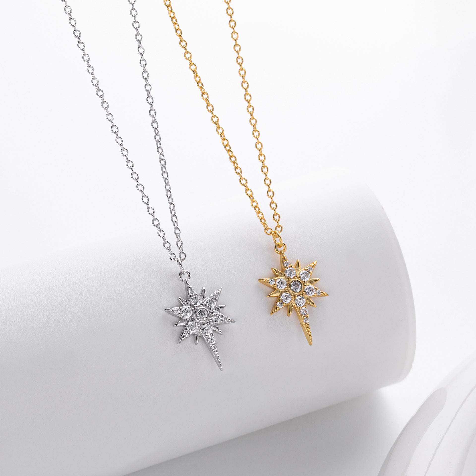 S925 Sterling Silver Inlaid Stone Eight-pointed Stars Pendant Necklace