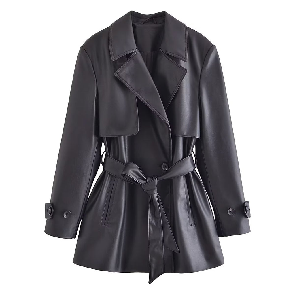 Women's Elegant Faux Leather Short Trench Coat