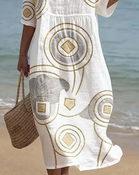 Women's Casual Round Neck Mid Sleeve Print Cotton And Linen Dress