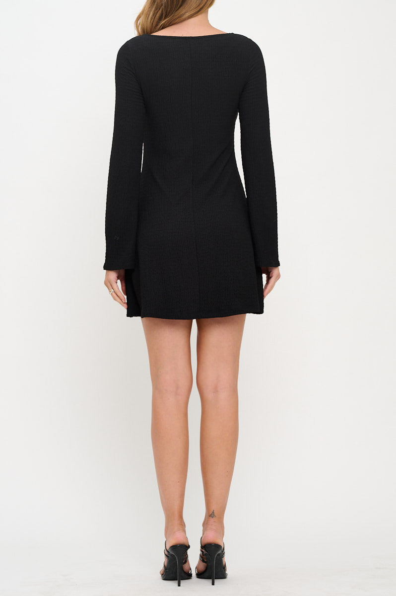 Textured Long Sleeve Round neck Swing Dress